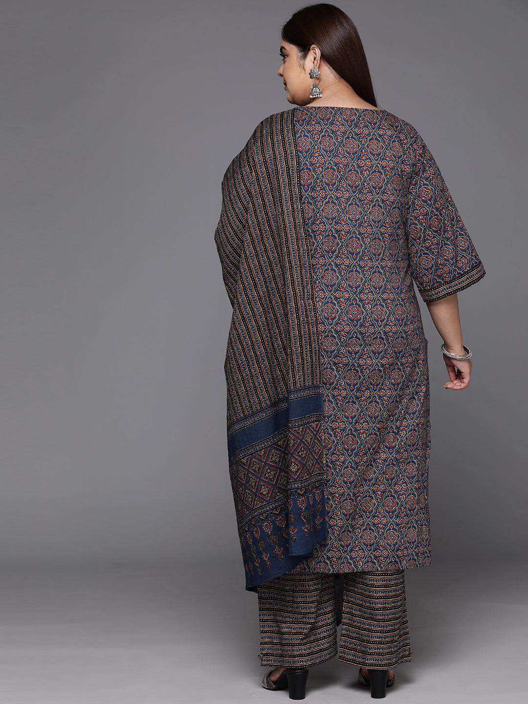 Plus Size Blue Printed Cotton Straight Kurta With Trousers & Dupatta - ShopLibas