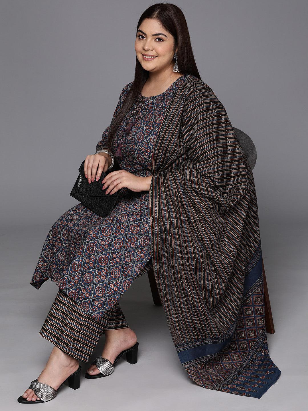 Plus Size Blue Printed Cotton Straight Kurta With Trousers & Dupatta - ShopLibas