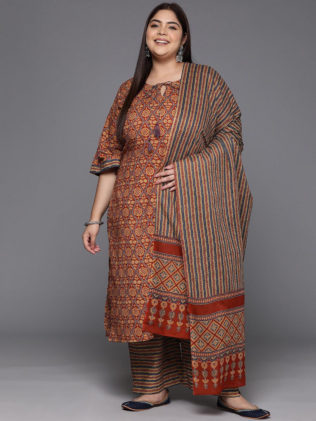 Plus Size Maroon Printed Cotton Straight Kurta With Trousers & Dupatta - ShopLibas