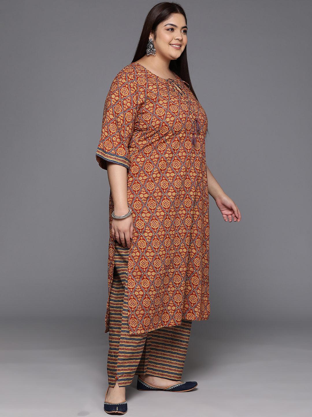 Plus Size Maroon Printed Cotton Straight Kurta With Trousers & Dupatta - ShopLibas