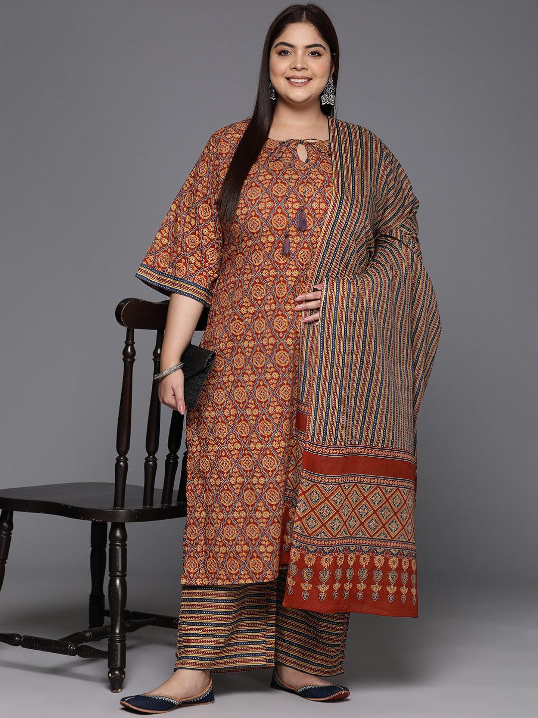 Plus Size Maroon Printed Cotton Straight Kurta With Trousers & Dupatta - ShopLibas