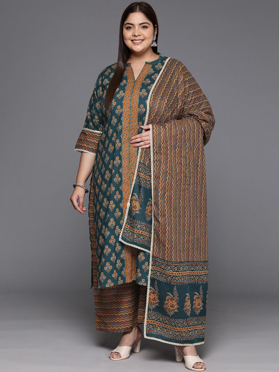 Plus Size Green Printed Cotton Straight Kurta With Palazzos & Dupatta - ShopLibas