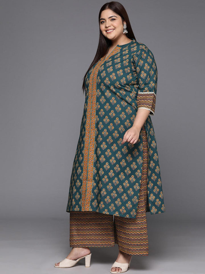 Plus Size Green Printed Cotton Straight Kurta With Palazzos & Dupatta - ShopLibas