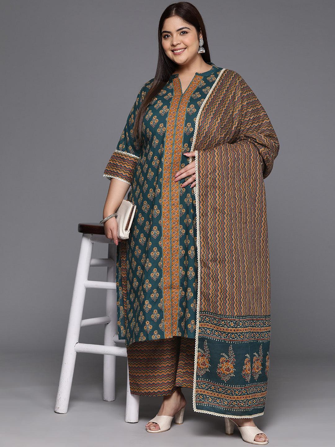 Plus Size Green Printed Cotton Straight Kurta With Palazzos & Dupatta - ShopLibas