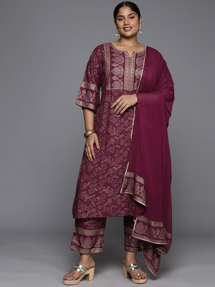 Plus Size Maroon Yoke Design Rayon A-Line Kurta With Trousers & Dupatta - ShopLibas