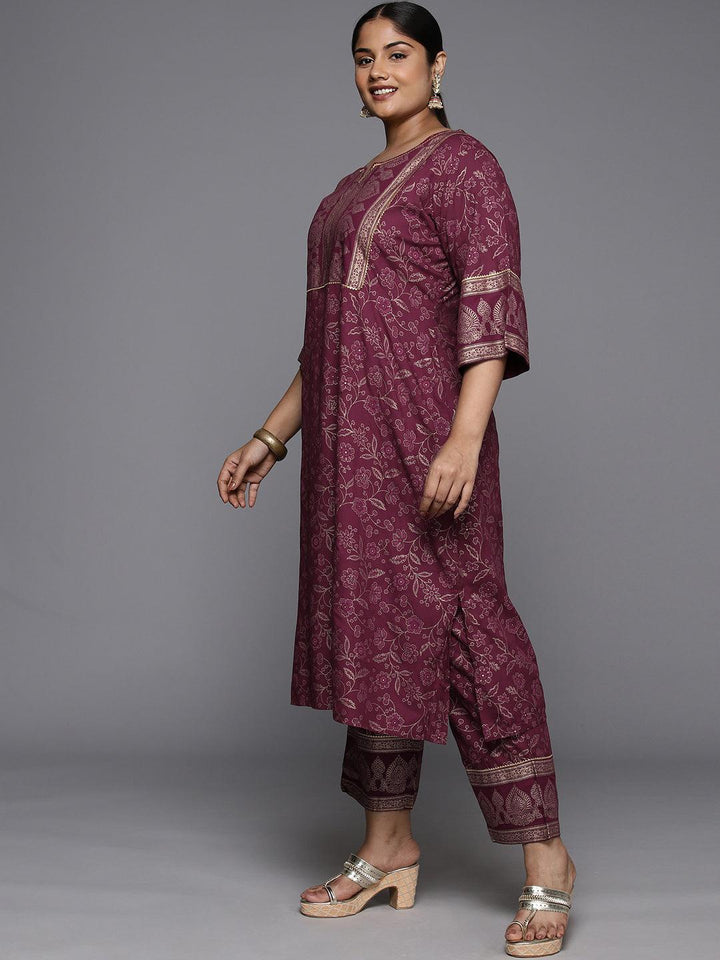 Plus Size Maroon Yoke Design Rayon A-Line Kurta With Trousers & Dupatta - ShopLibas