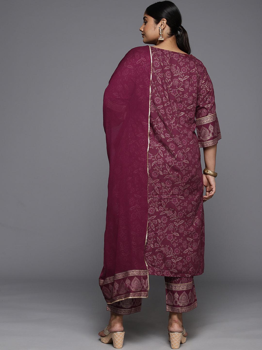 Plus Size Maroon Yoke Design Rayon A-Line Kurta With Trousers & Dupatta - ShopLibas