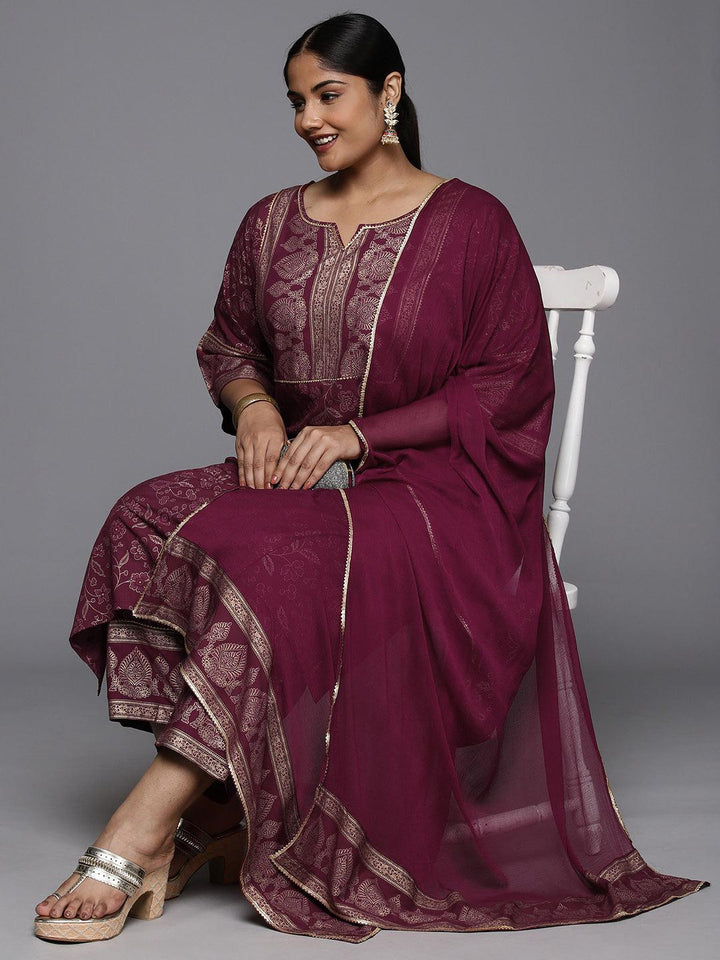 Plus Size Maroon Yoke Design Rayon A-Line Kurta With Trousers & Dupatta - ShopLibas