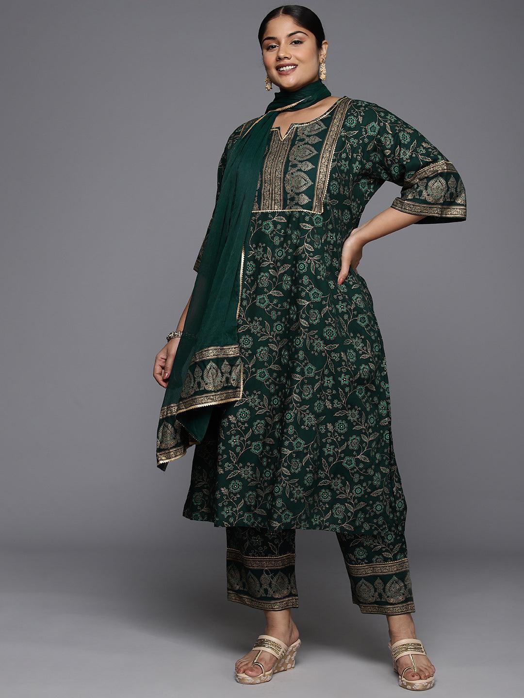 Plus Size Green Yoke Design Rayon A-Line Kurta With Trousers & Dupatta - ShopLibas