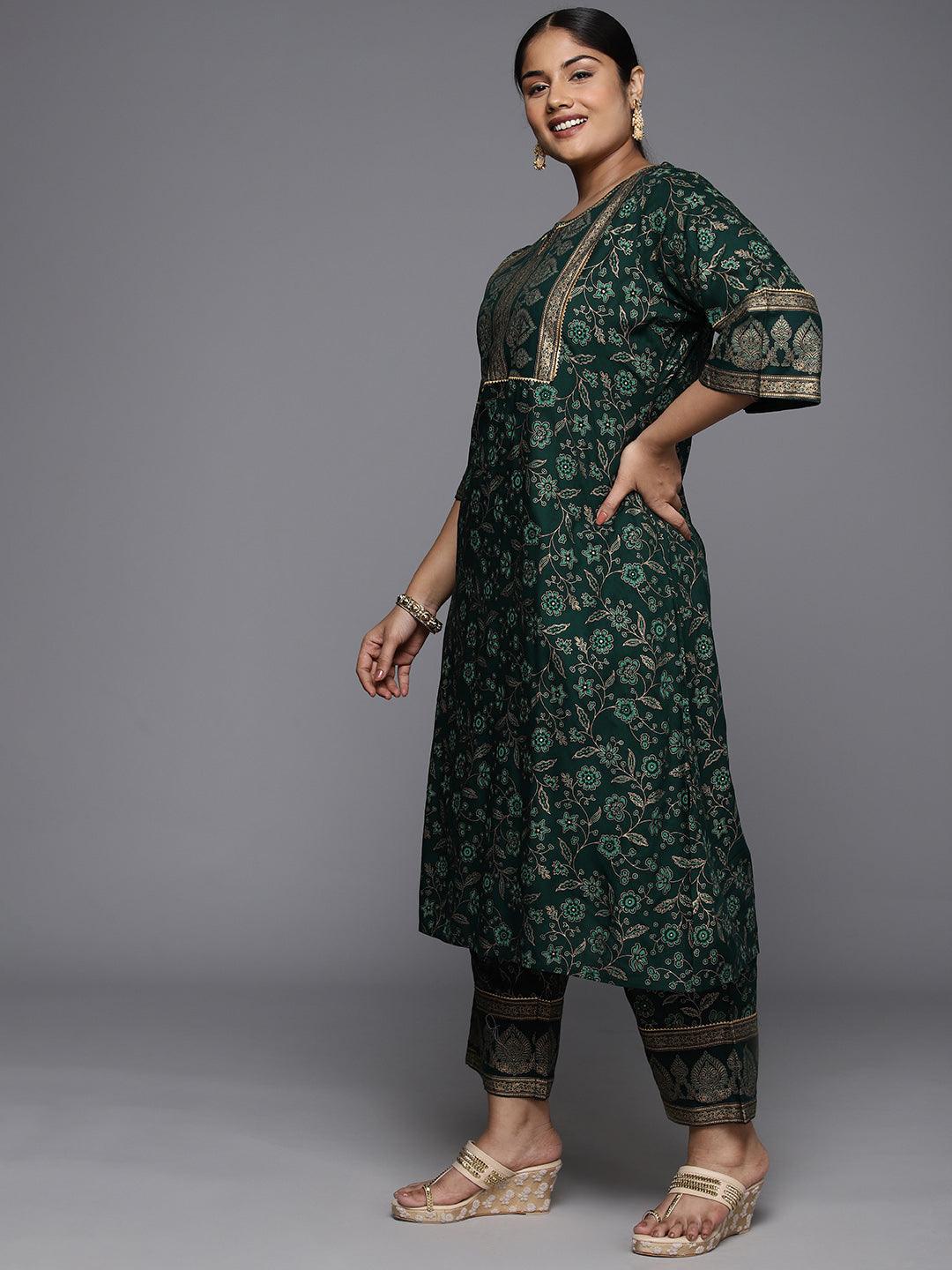 Plus Size Green Yoke Design Rayon A-Line Kurta With Trousers & Dupatta - ShopLibas