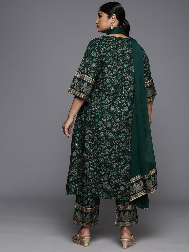 Plus Size Green Yoke Design Rayon A-Line Kurta With Trousers & Dupatta - ShopLibas