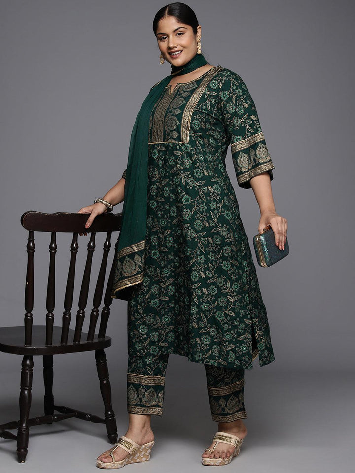 Plus Size Green Yoke Design Rayon A-Line Kurta With Trousers & Dupatta - ShopLibas