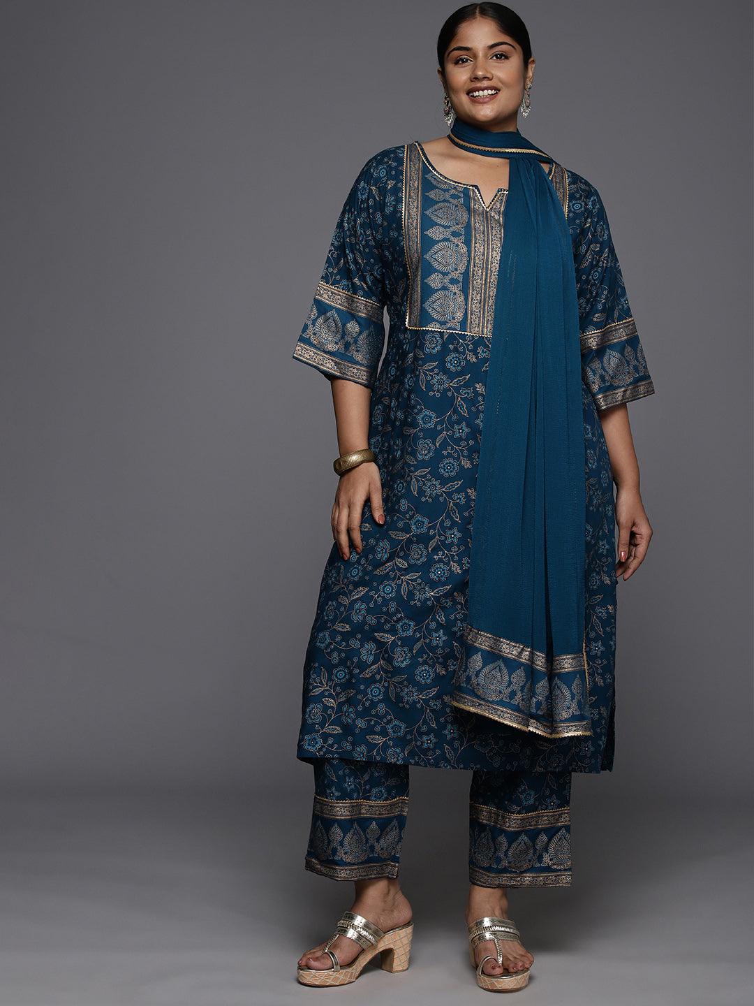 Plus Size Blue Yoke Design Rayon A-Line Kurta With Trousers & Dupatta - ShopLibas