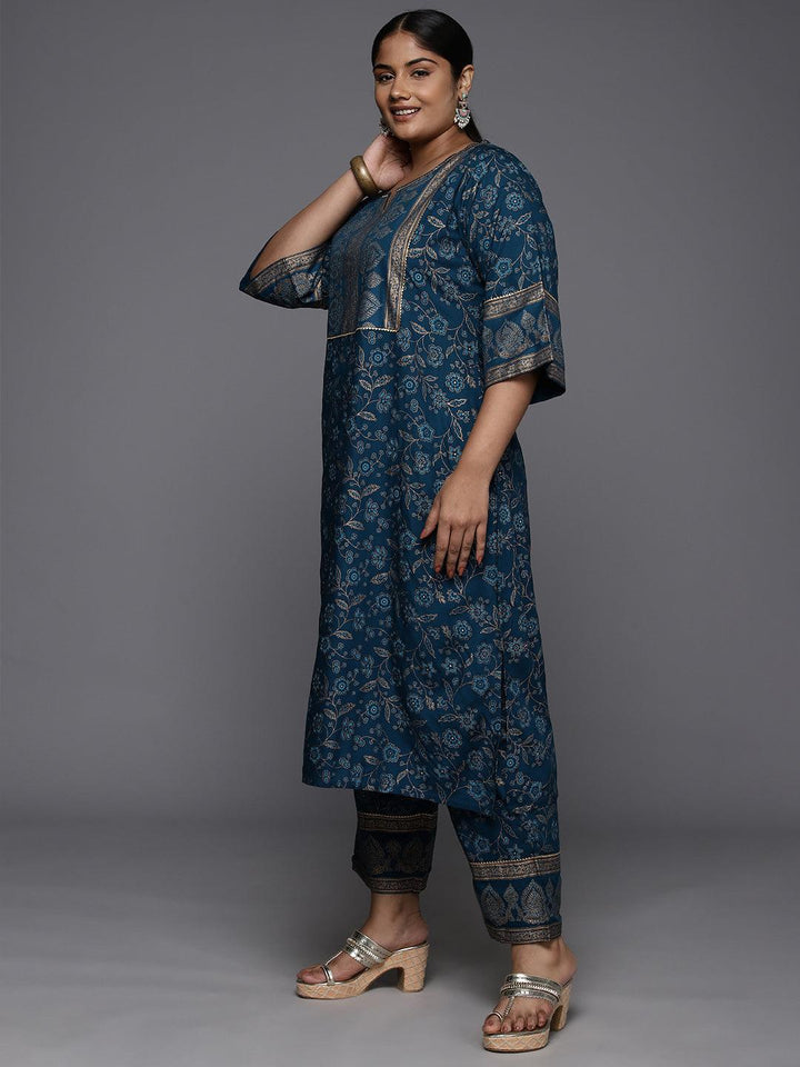 Plus Size Blue Yoke Design Rayon A-Line Kurta With Trousers & Dupatta - ShopLibas