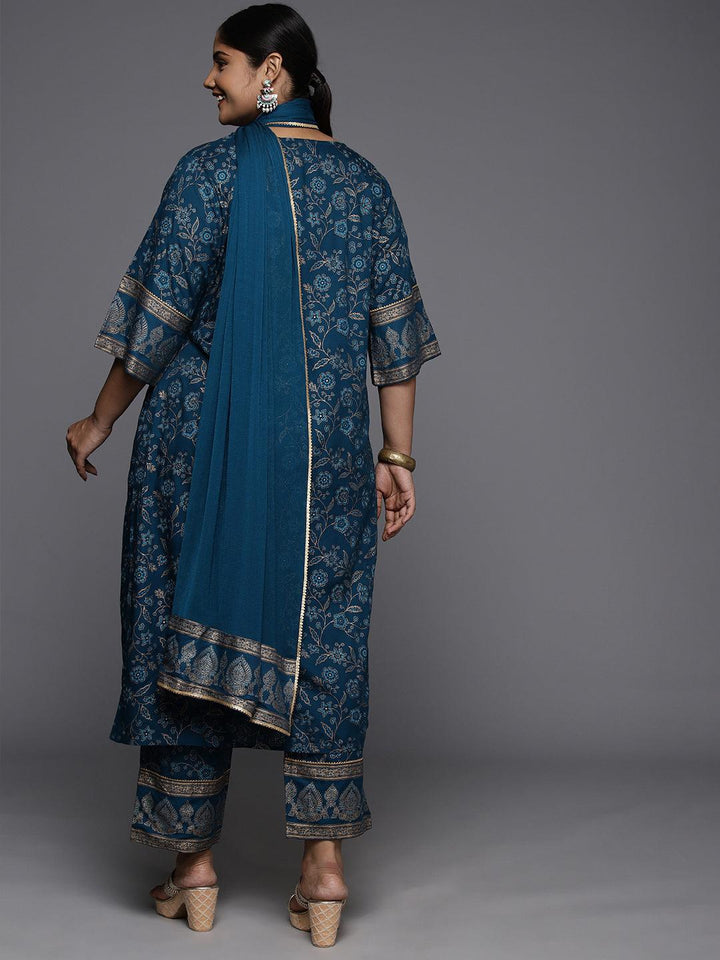 Plus Size Blue Yoke Design Rayon A-Line Kurta With Trousers & Dupatta - ShopLibas