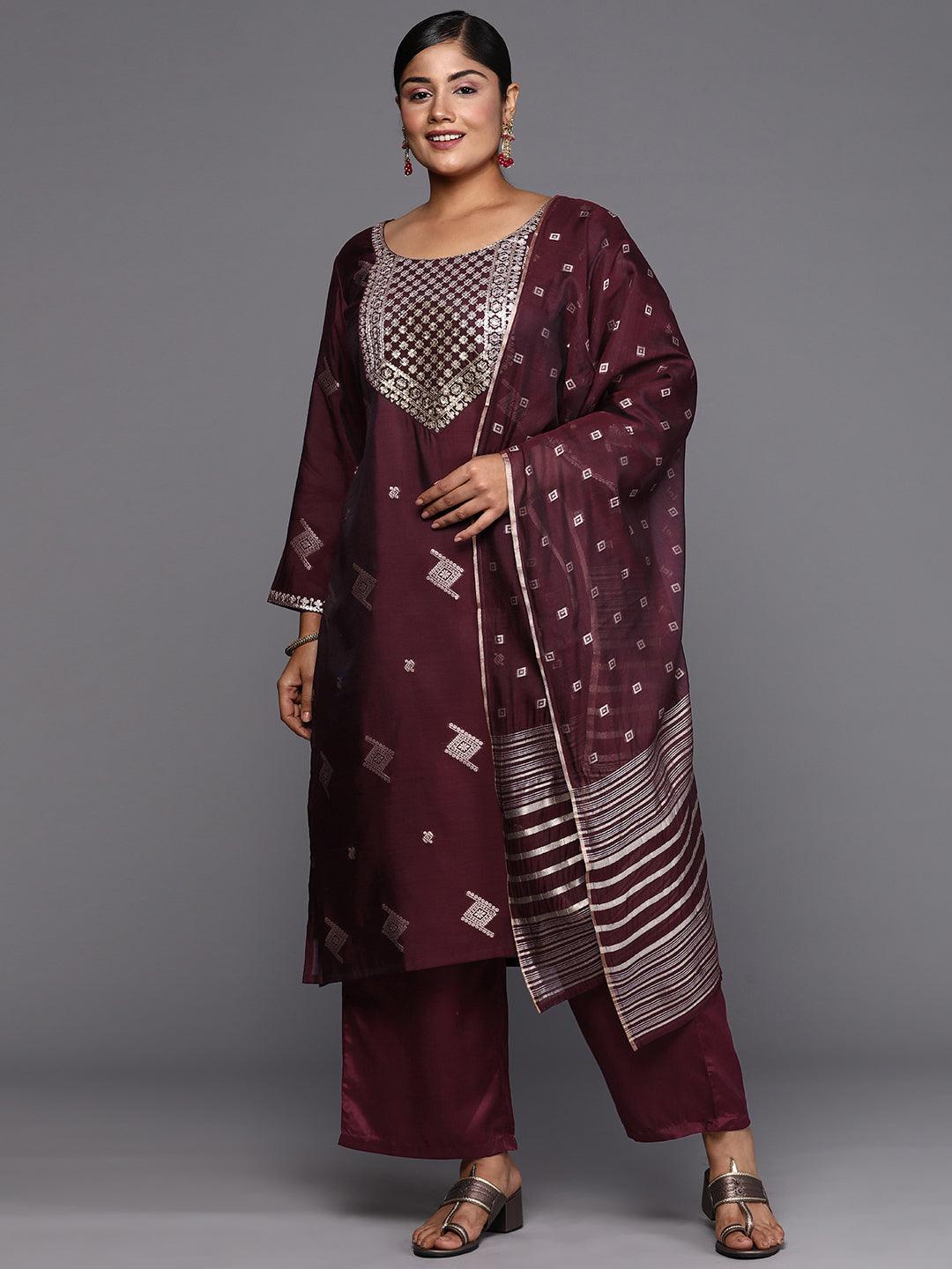 Plus Size Wine Woven Design Chanderi Silk Straight Suit With Dupatta