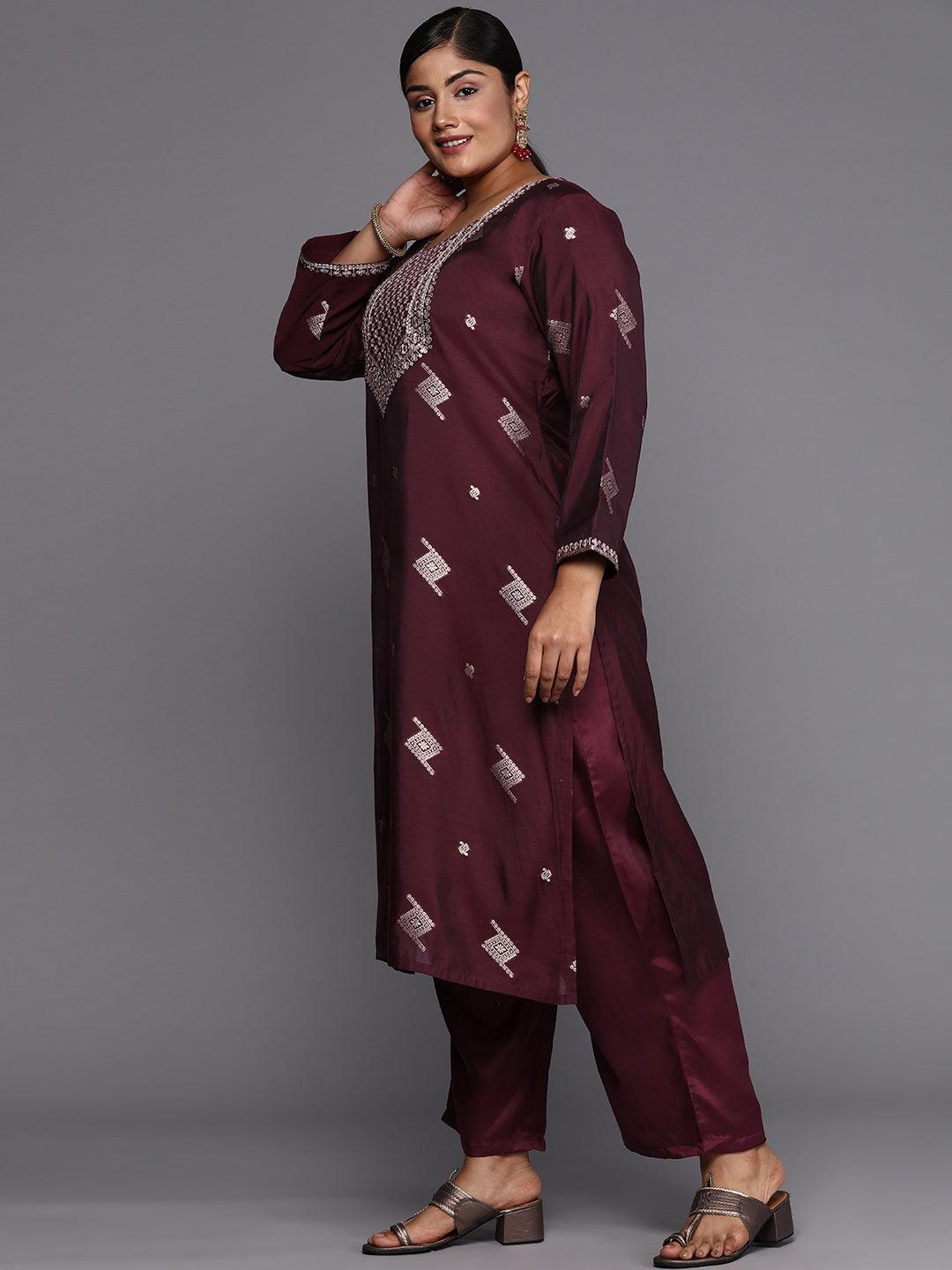 Plus Size Wine Woven Design Chanderi Silk Straight Suit With Dupatta