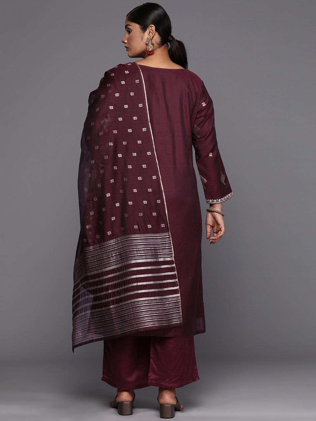 Plus Size Wine Woven Design Chanderi Silk Straight Suit With Dupatta