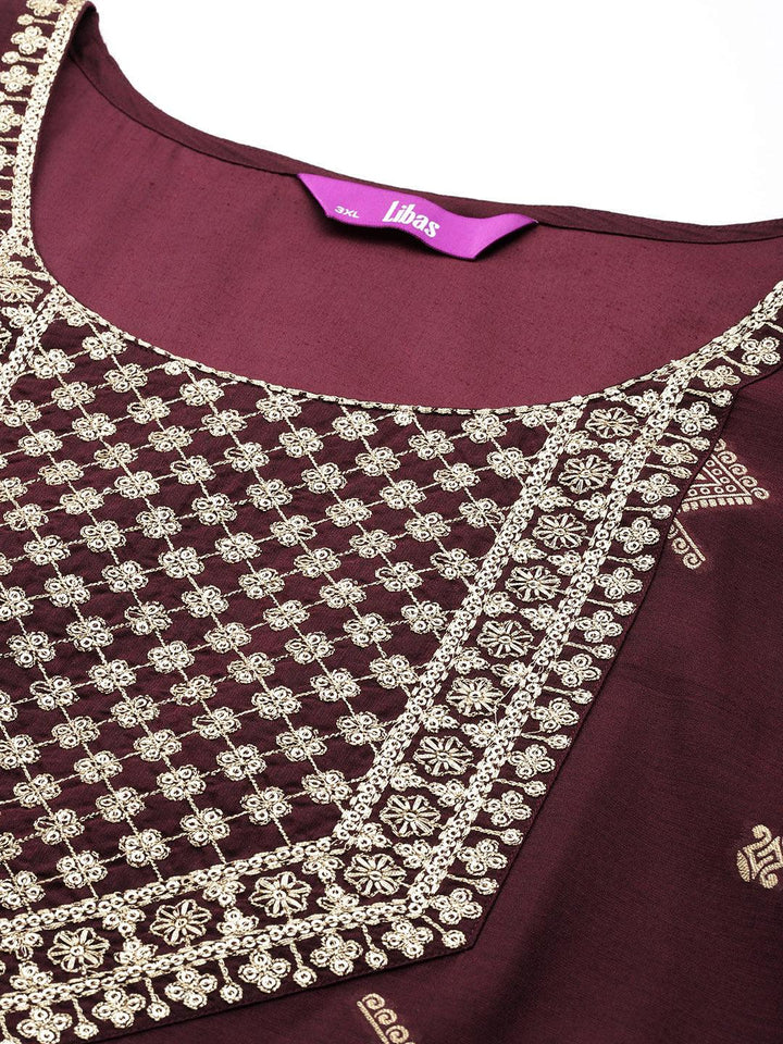 Wine Woven Design Chanderi Silk Straight Kurta With Trousers & Dupatta - ShopLibas