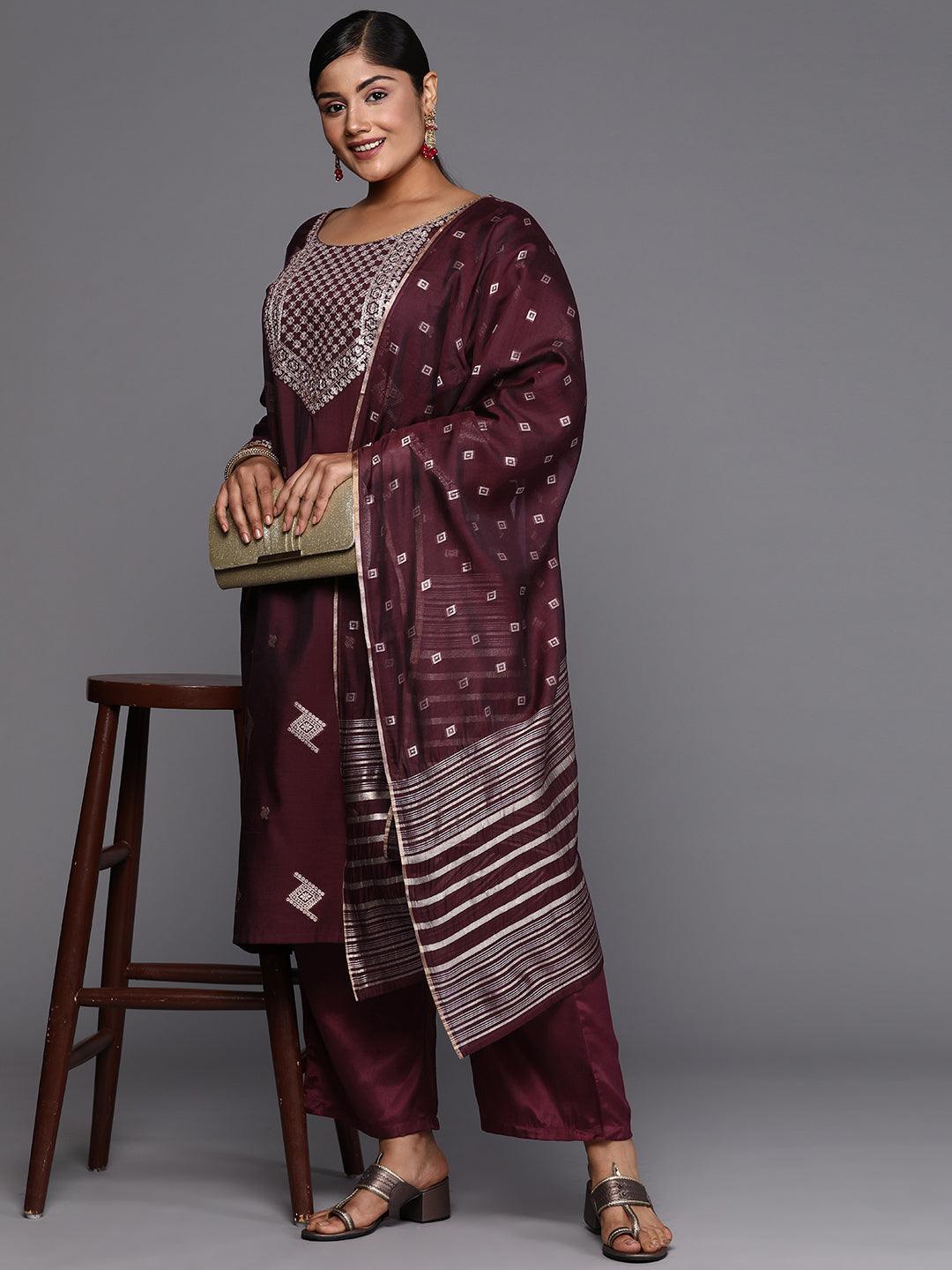 Wine Woven Design Chanderi Silk Straight Kurta With Trousers & Dupatta - ShopLibas