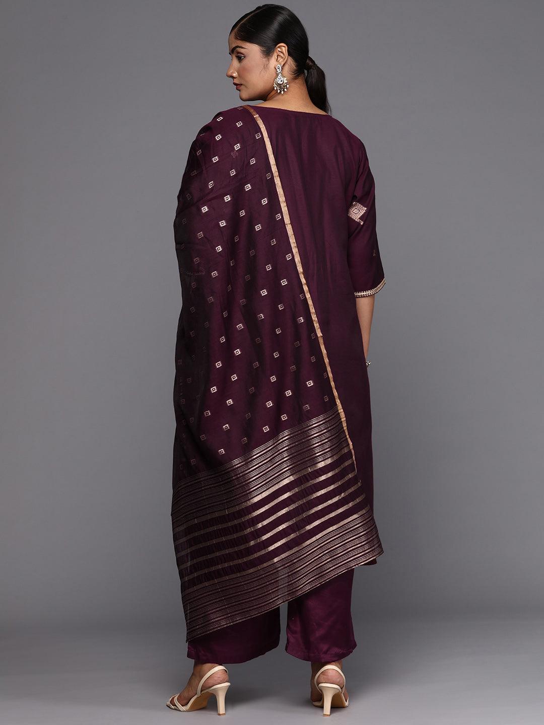 Plus Size Wine Woven Design Chanderi Silk Straight Suit With Dupatta