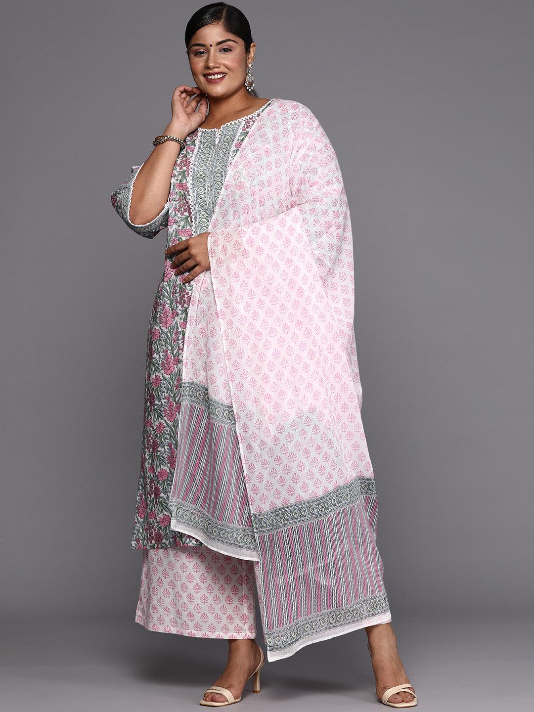 Plus Size Pink Printed Cotton Straight Suit With Dupatta