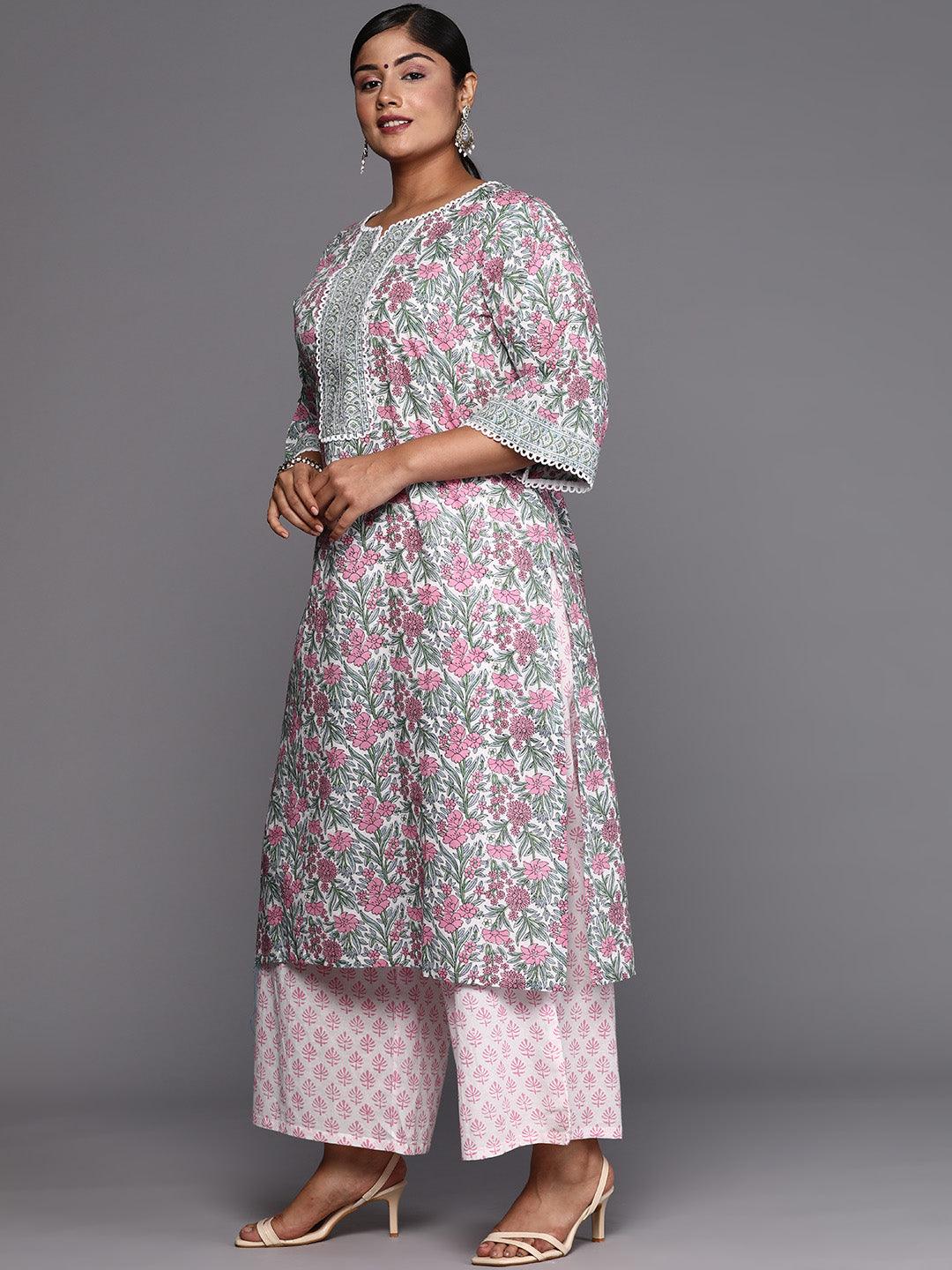 Plus Size Pink Printed Cotton Straight Suit With Dupatta