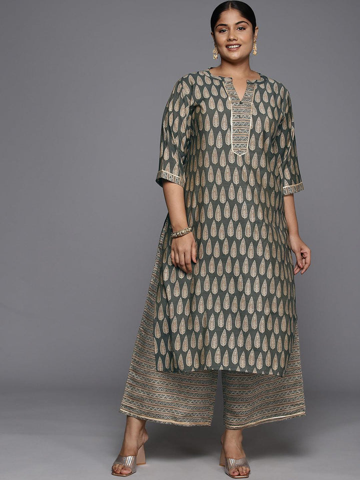 Plus Size Olive Printed Silk Blend Straight Kurta With Palazzos - ShopLibas