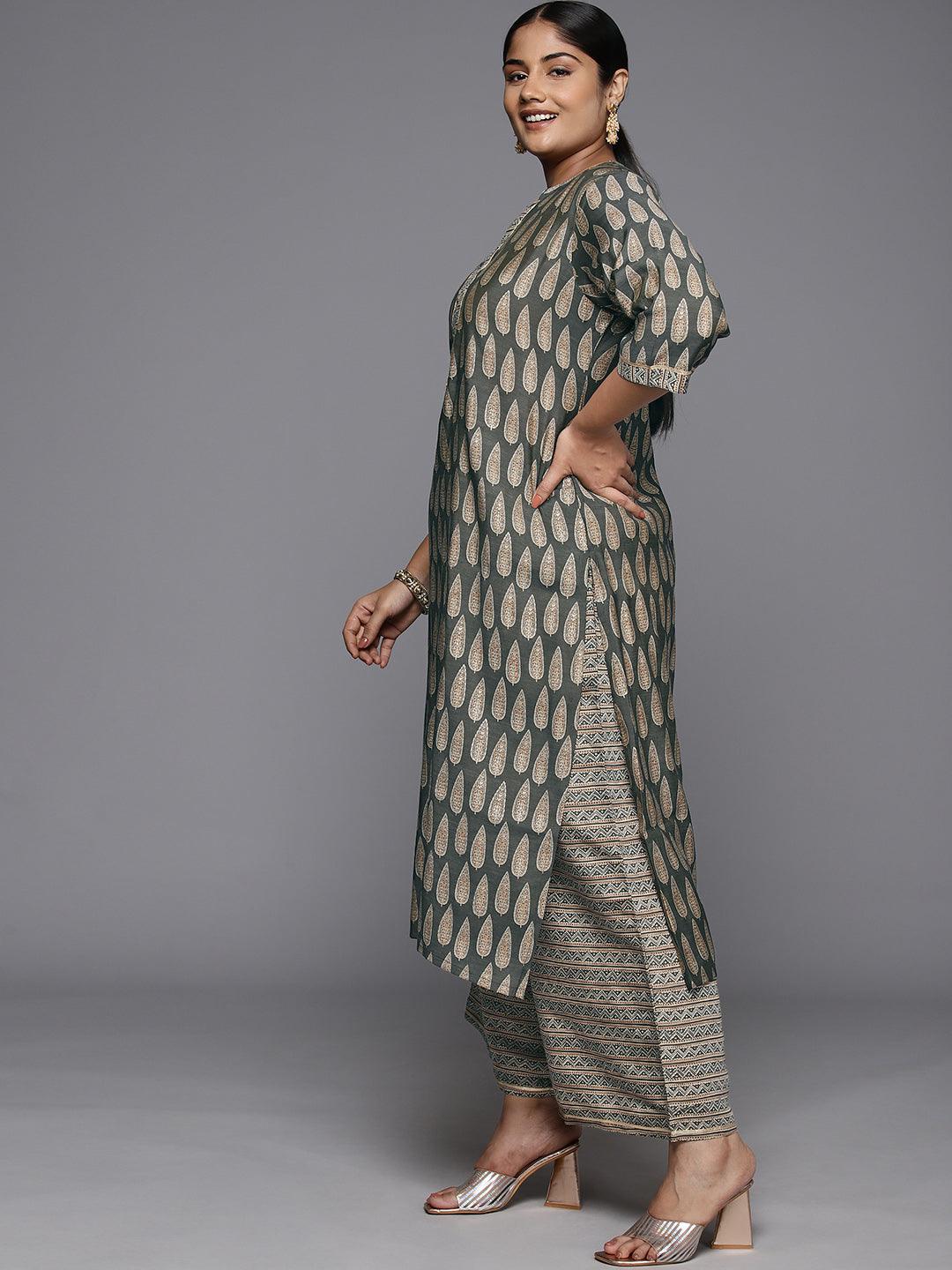 Plus Size Olive Printed Silk Blend Straight Kurta Set