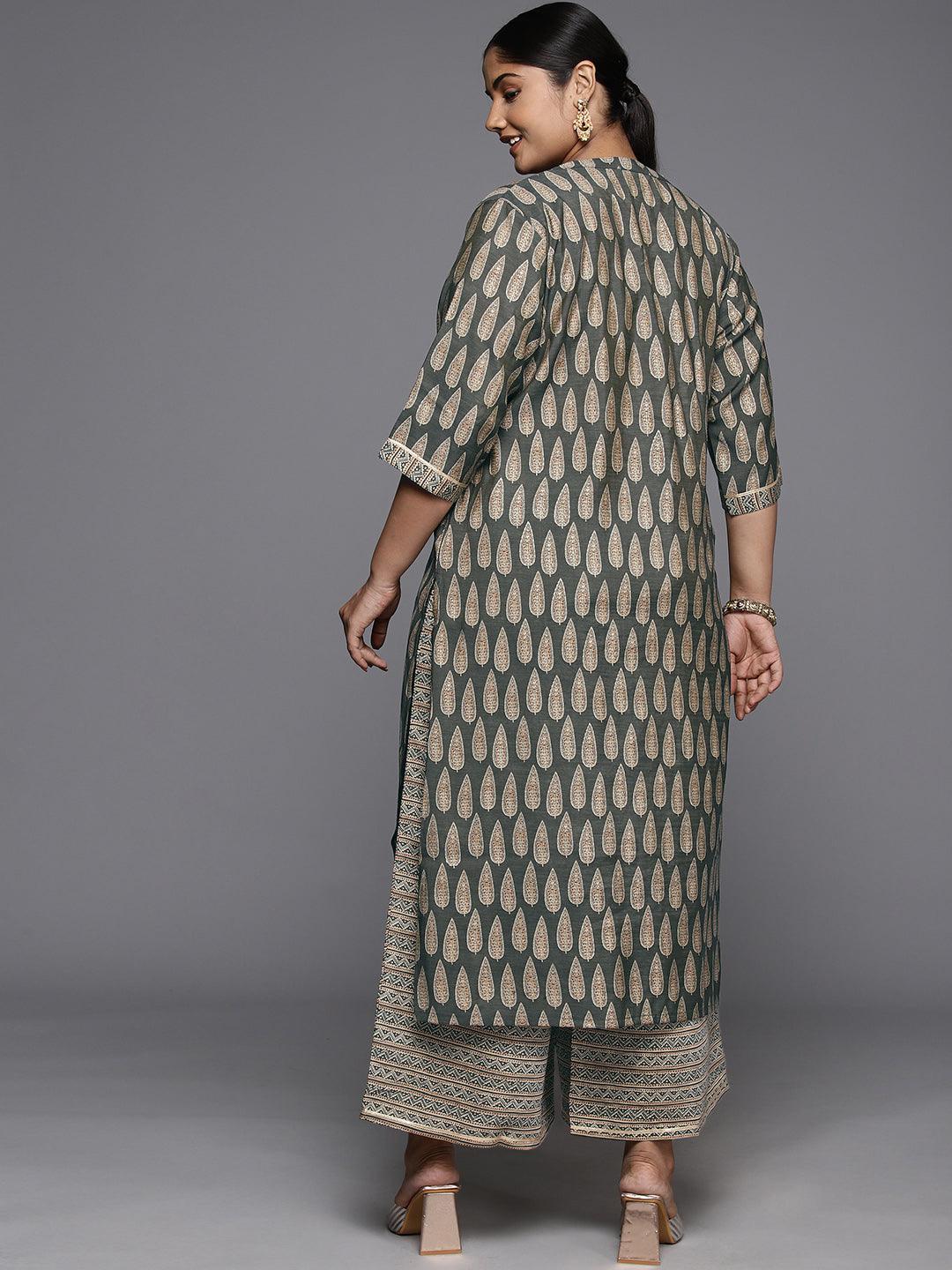 Plus Size Olive Printed Silk Blend Straight Kurta Set