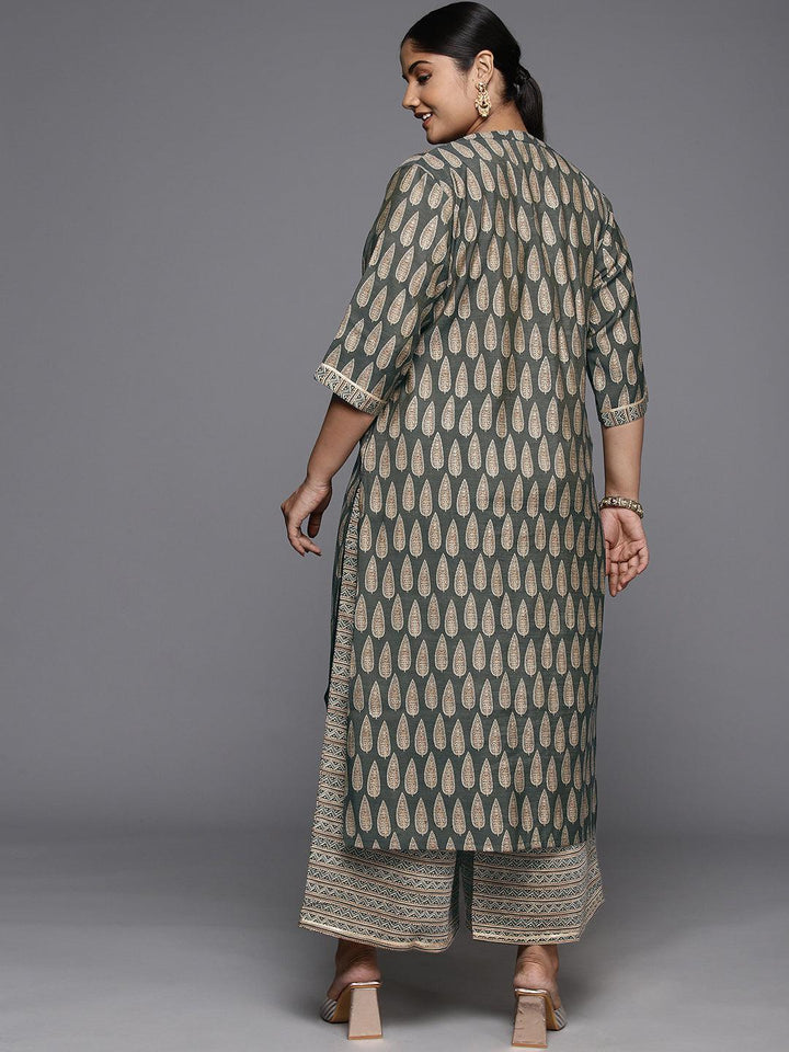 Plus Size Olive Printed Silk Blend Straight Kurta With Palazzos - ShopLibas