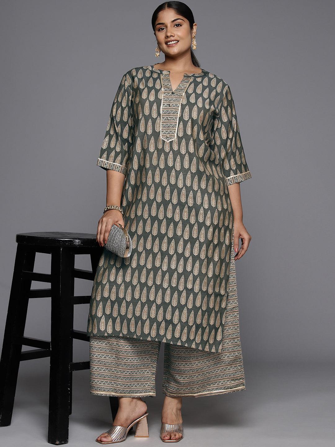 Plus Size Olive Printed Silk Blend Straight Kurta Set