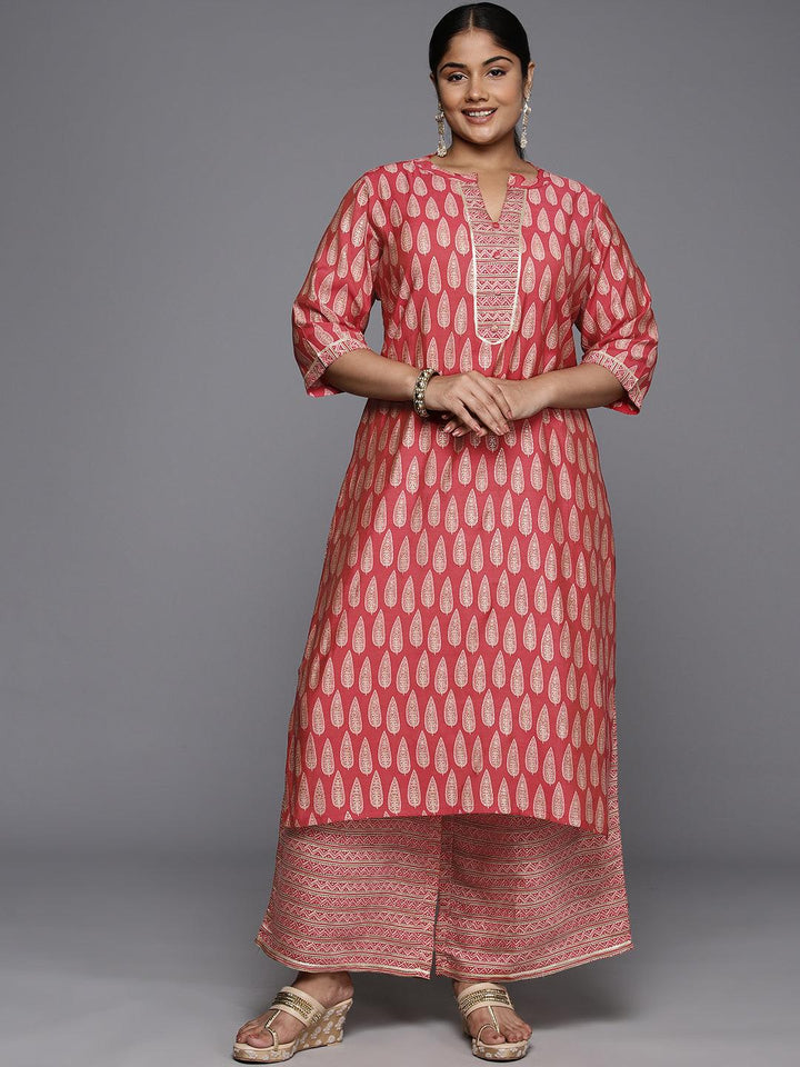 Plus Size Red Printed Silk Blend Straight Kurta With Palazzos - ShopLibas