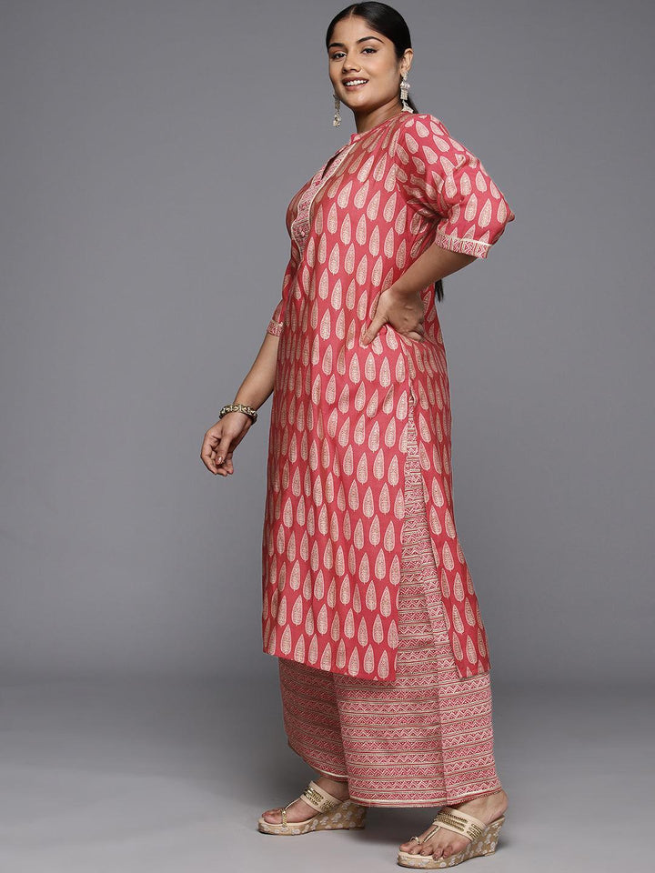 Plus Size Red Printed Silk Blend Straight Kurta With Palazzos - ShopLibas