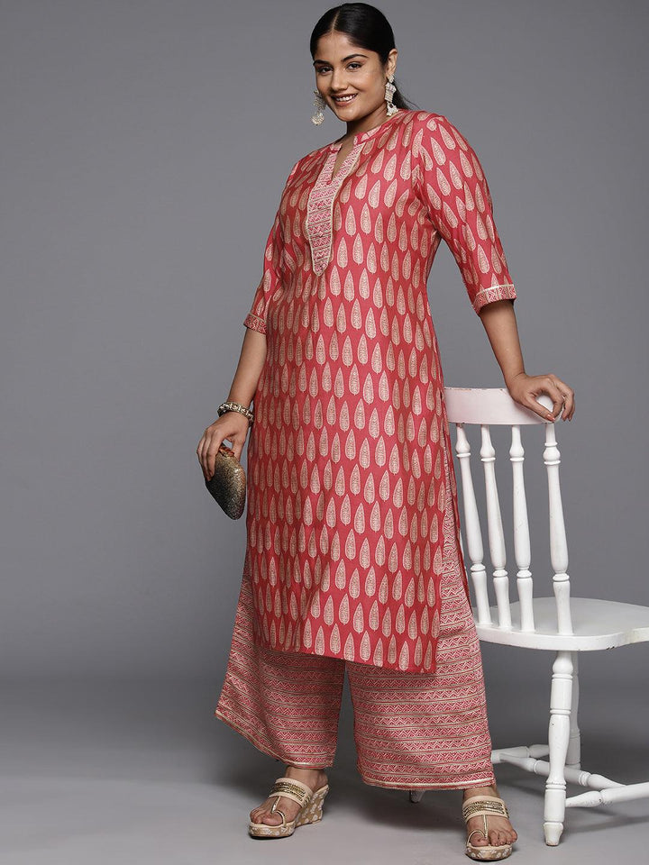 Plus Size Red Printed Silk Blend Straight Kurta With Palazzos - ShopLibas