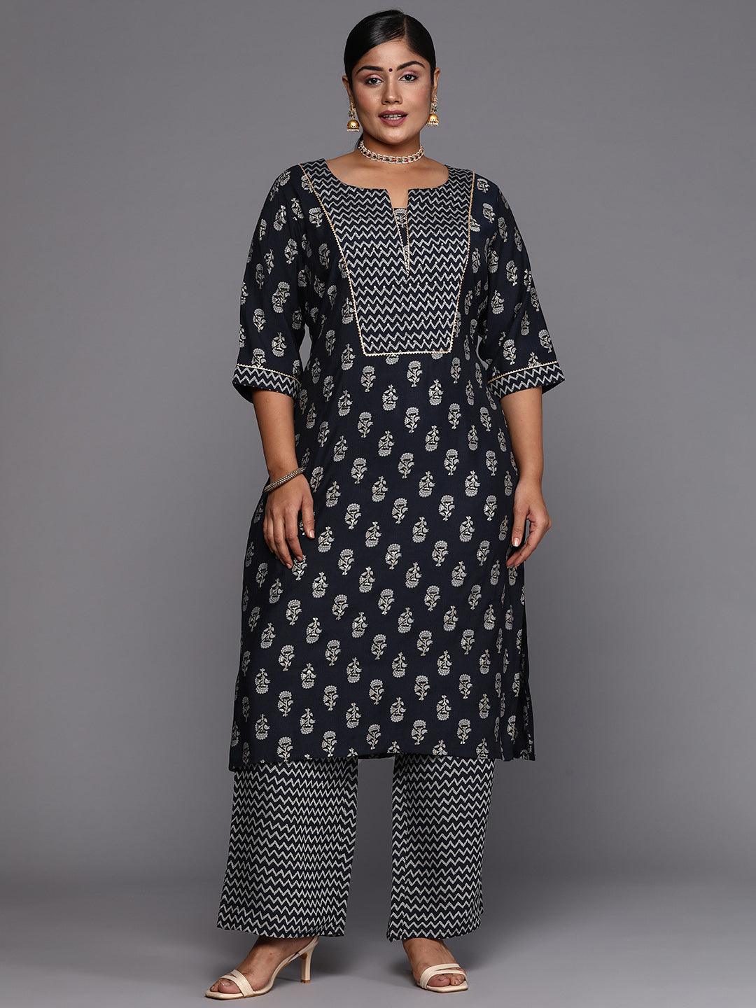 Plus Size Blue Printed Silk Blend Straight Kurta Set