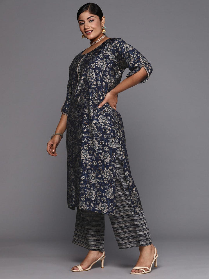 Blue Printed Silk Blend Straight Kurta With Trousers - ShopLibas