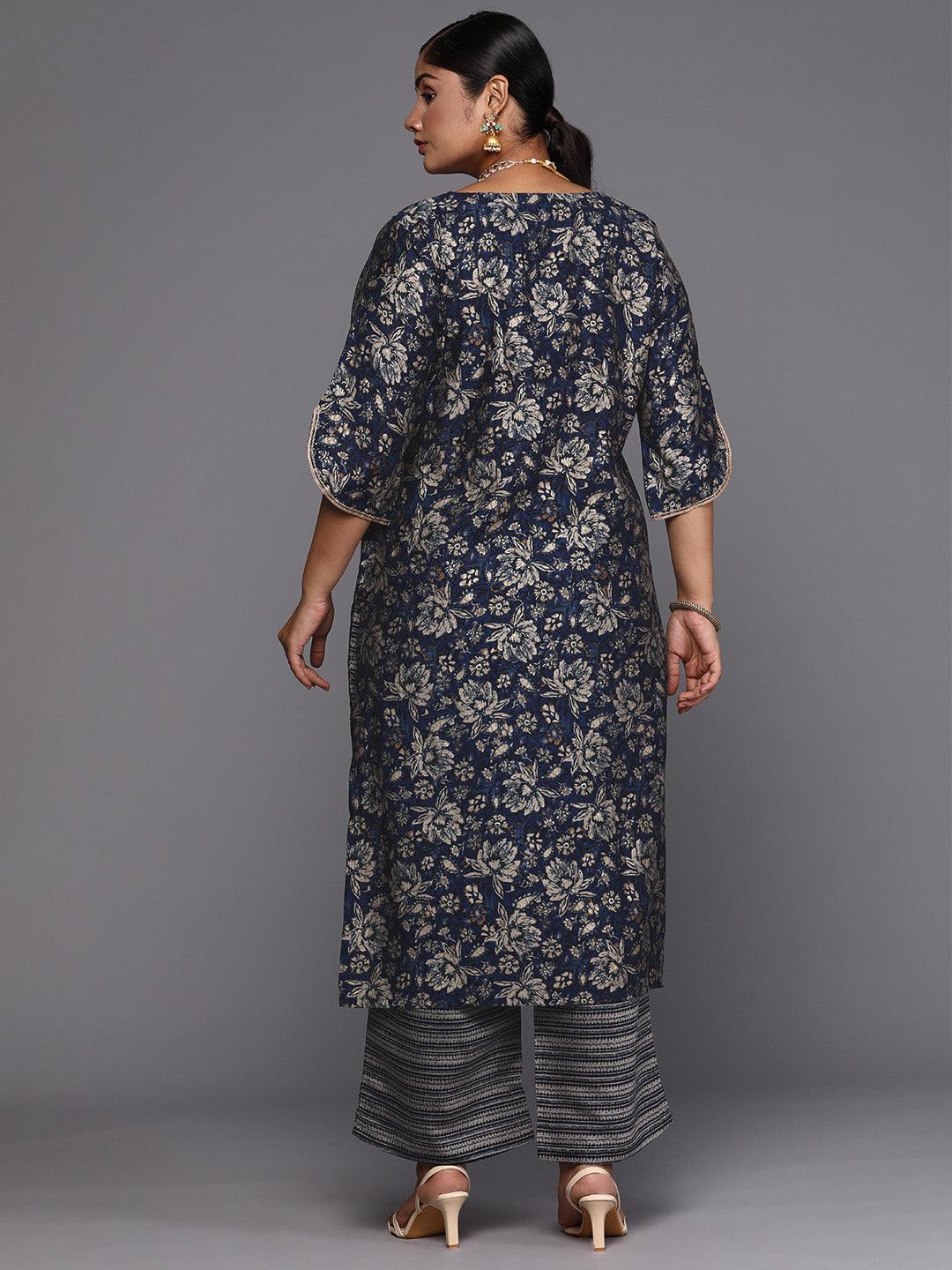 Blue Printed Silk Blend Straight Kurta With Trousers - ShopLibas