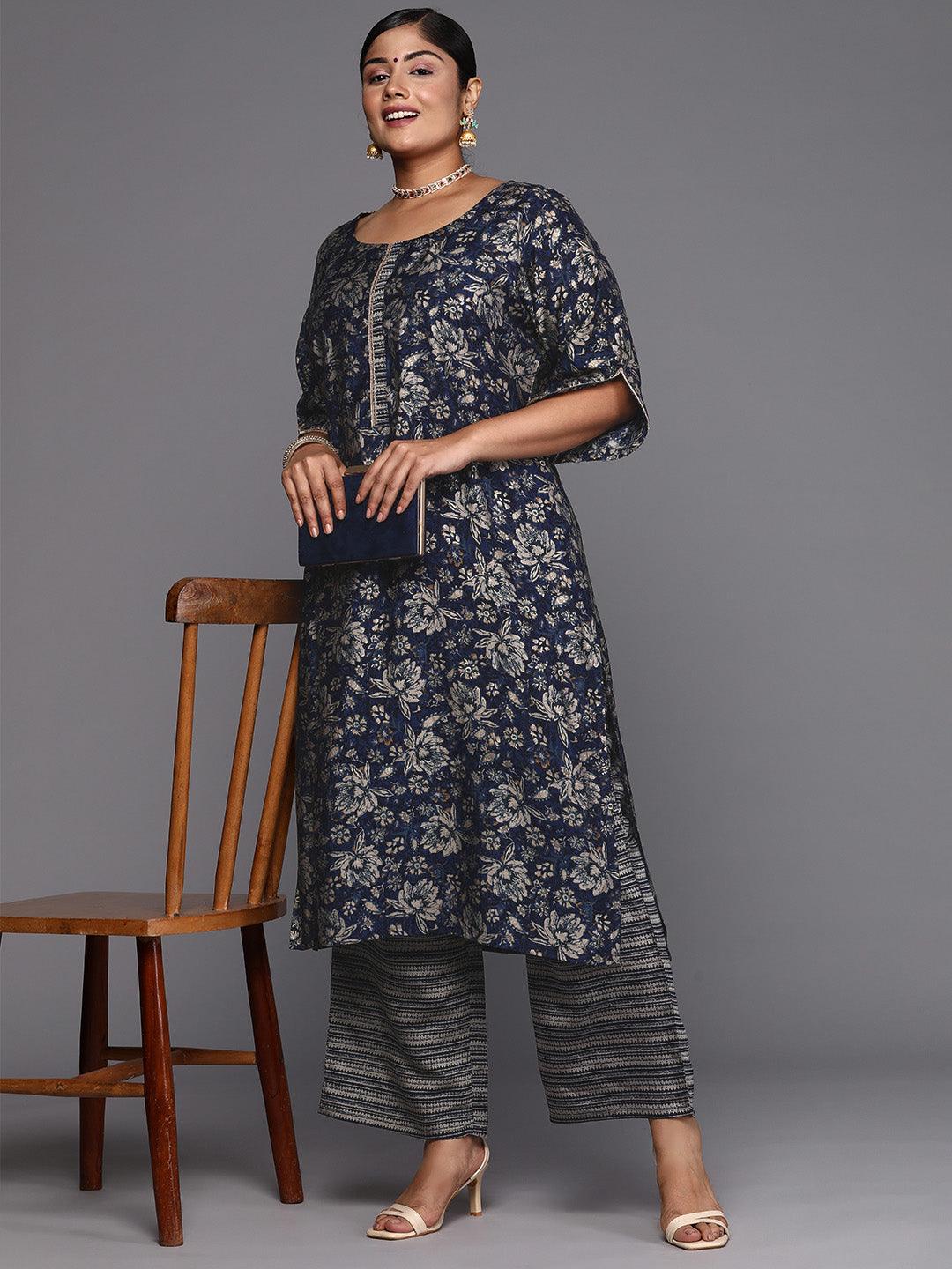 Blue Printed Silk Blend Straight Kurta With Trousers - ShopLibas