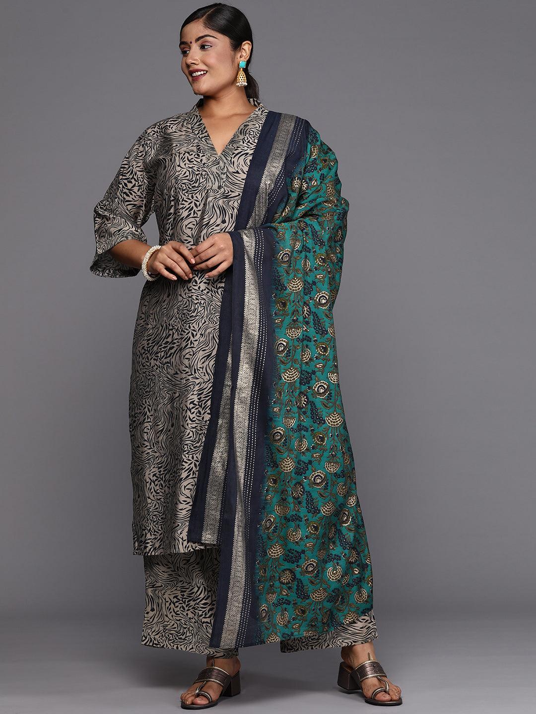 Plus Size Blue Printed Silk Blend Straight Suit With Dupatta