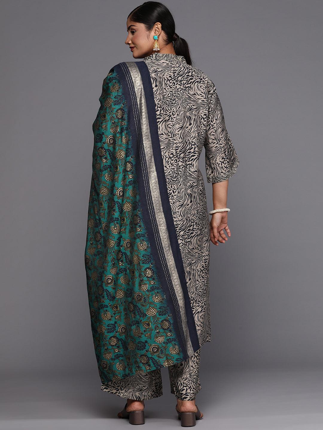 Plus Size Blue Printed Silk Blend Straight Suit With Dupatta