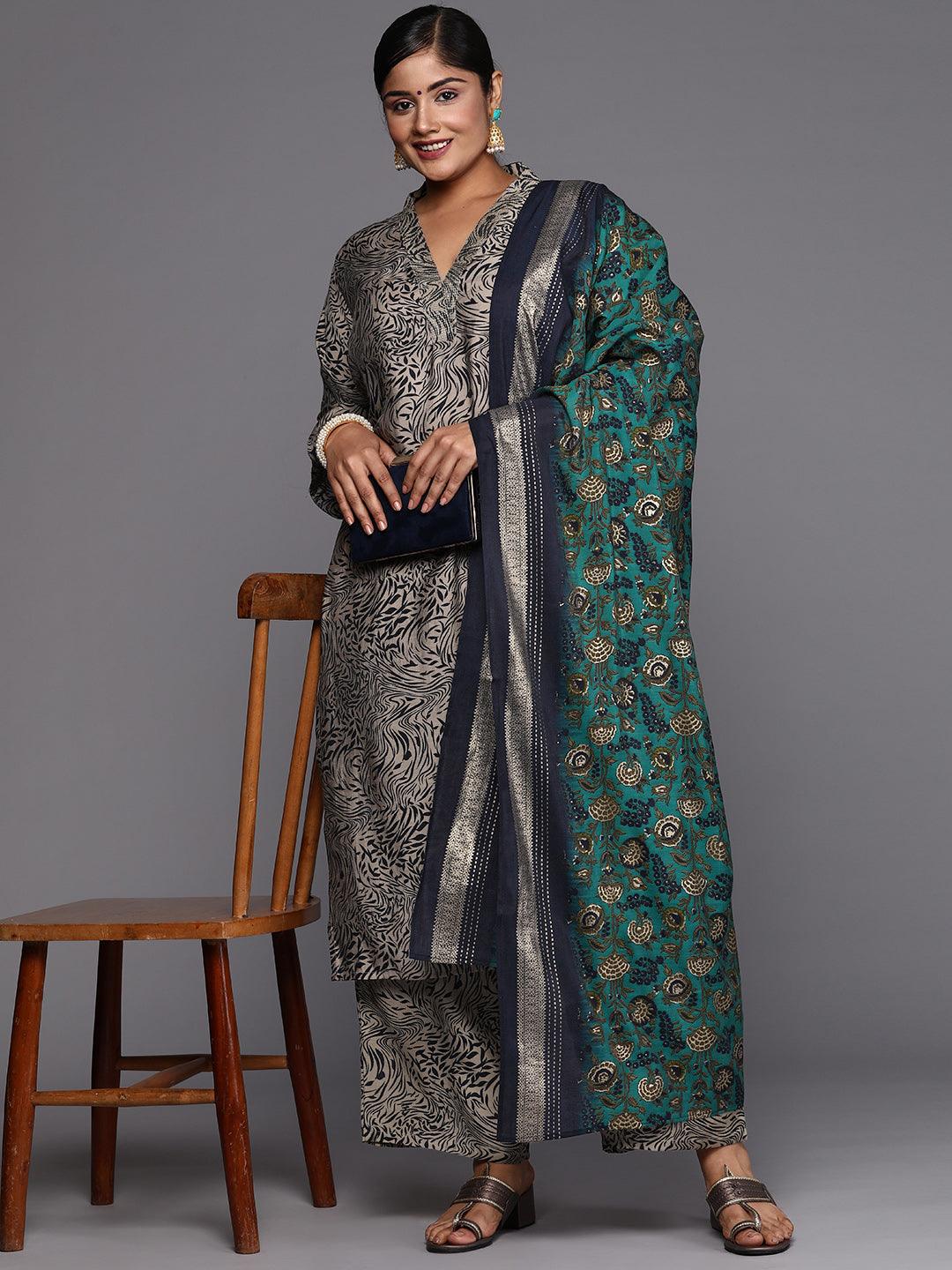 Plus Size Blue Printed Silk Blend Straight Suit With Dupatta