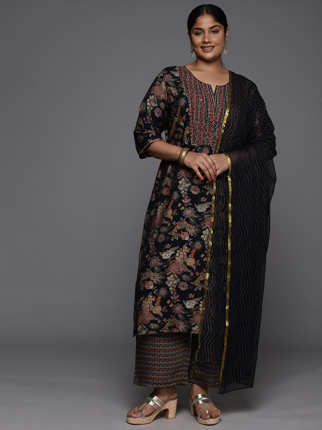 Plus Size Blue Printed Silk Blend Straight Kurta With Trousers & Dupatta - ShopLibas