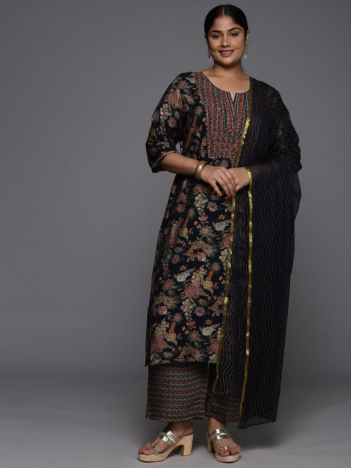 Plus Size Blue Printed Silk Blend Straight Kurta With Trousers & Dupatta - ShopLibas