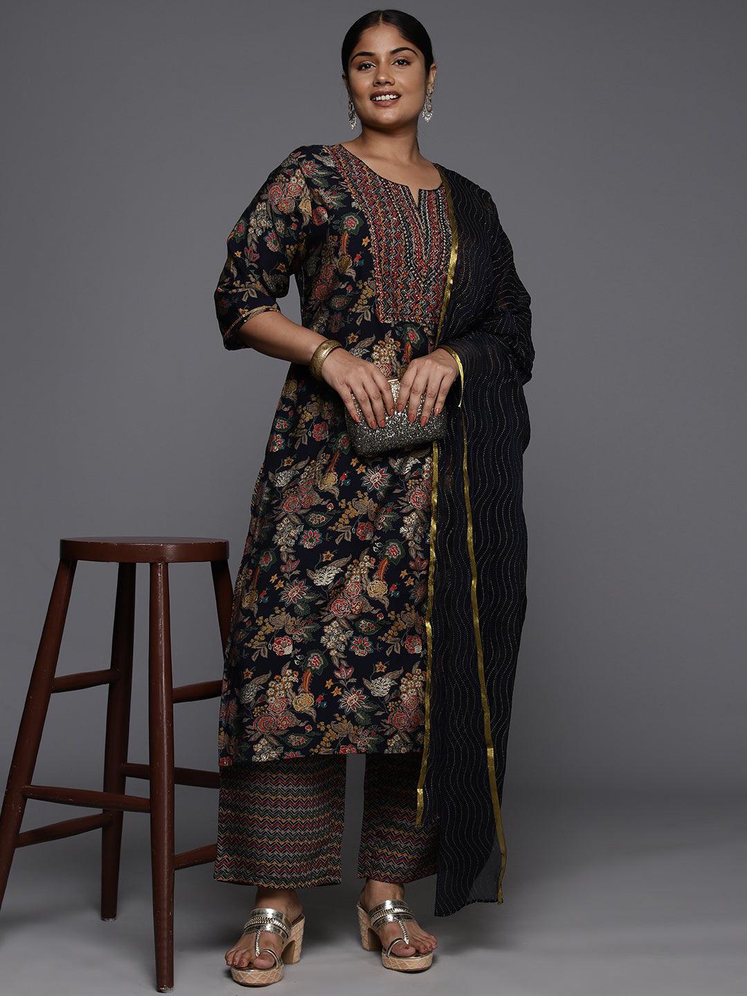 Plus Size Blue Printed Silk Blend Straight Kurta With Trousers & Dupatta - ShopLibas