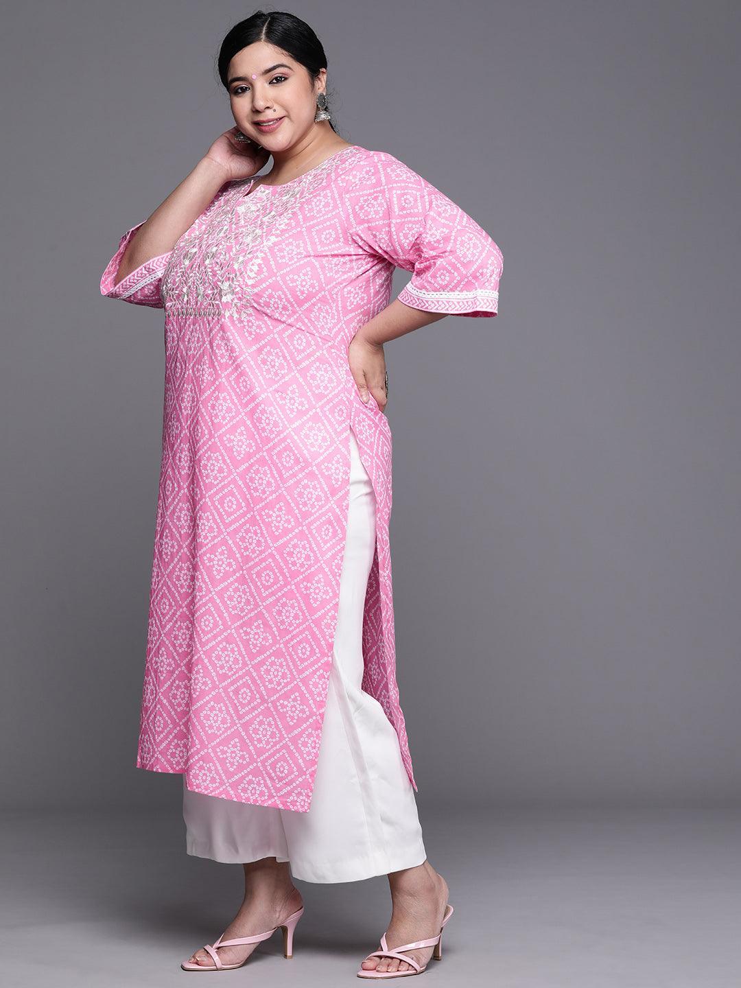 Plus Size Pink Yoke Design Cotton Kurta