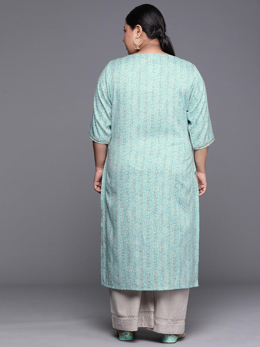 Plus Size Blue Yoke Design Rayon Kurta