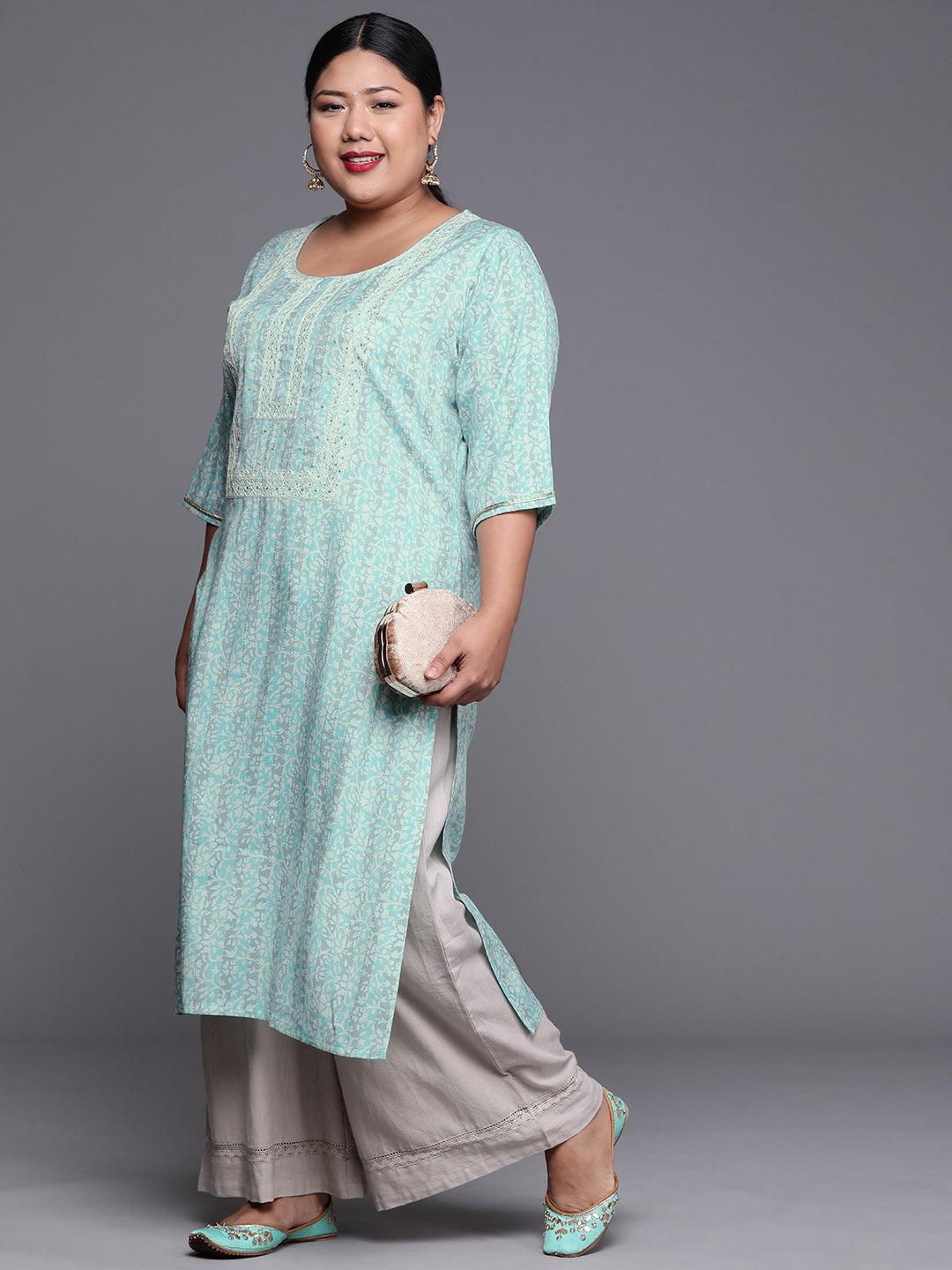 Plus Size Blue Yoke Design Rayon Kurta