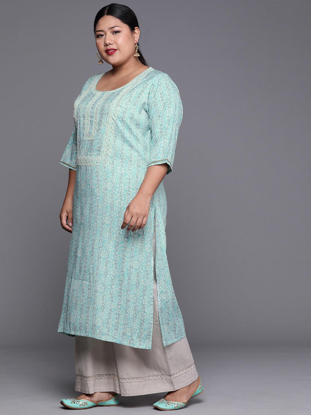 Plus Size Blue Yoke Design Rayon Kurta