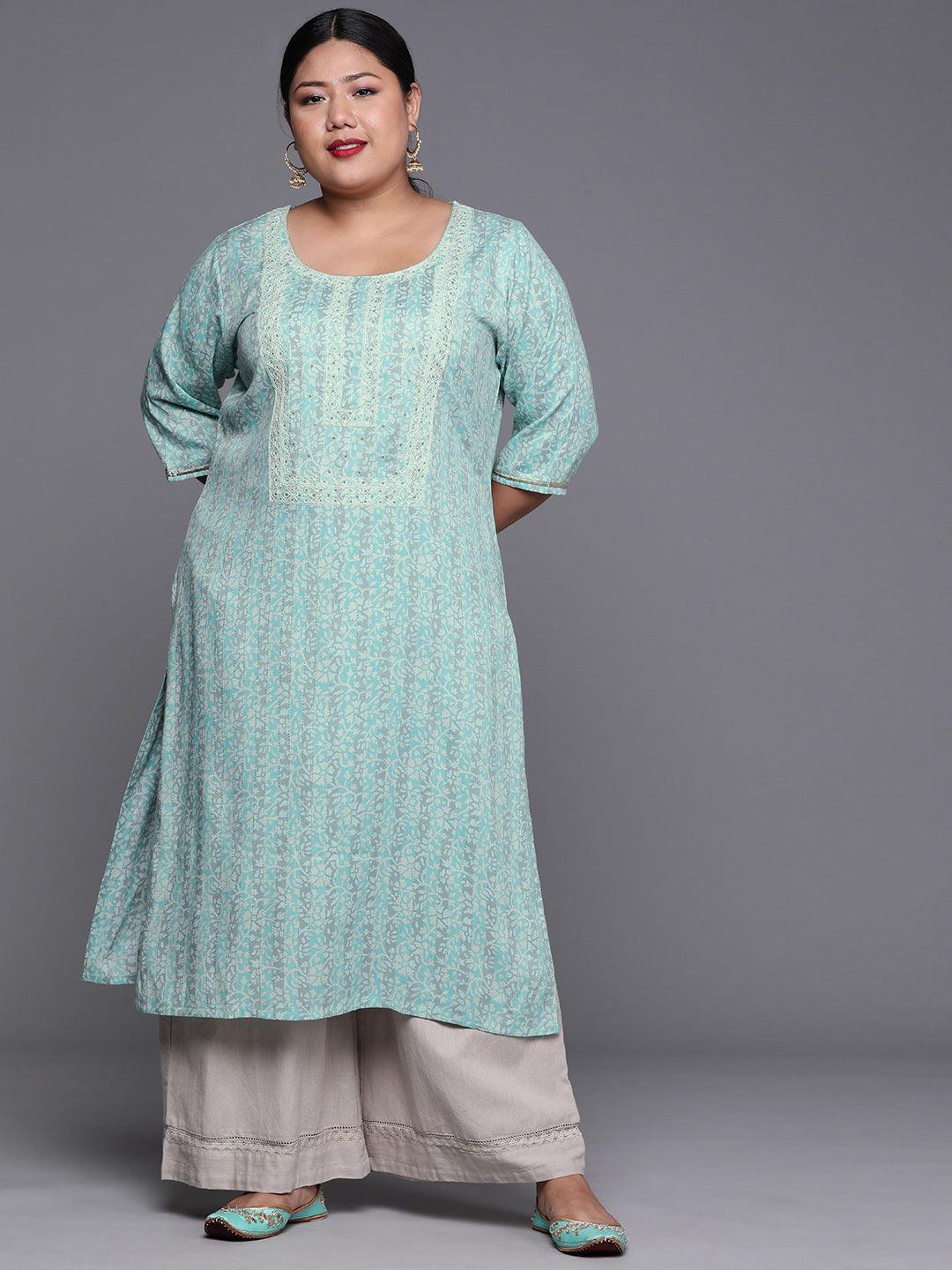 Plus Size Blue Yoke Design Rayon Kurta